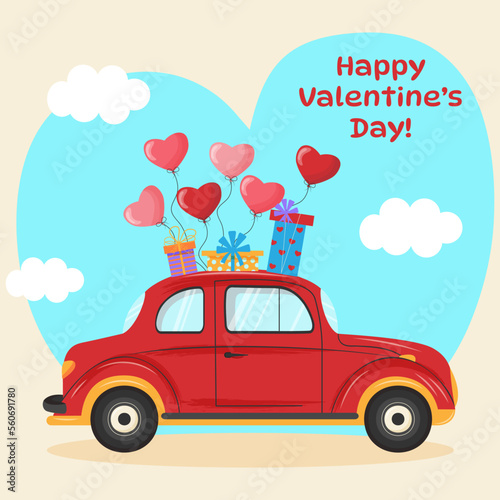 Retro red car with heart balloons and gift boxes. Blue sky and clouds. Happy Valentines day card.