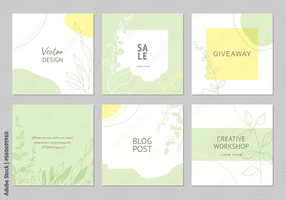Green minimal backgrounds with spring floral elements. Vector for social media post, invitation, greeting card, packaging, branding design, banner, presentation, advertising