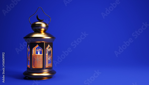 Ramadan background with copy space and golden lantern, 3d rendering illustration. Muslim Holy Month Ramadan Kareem wallpaper design.