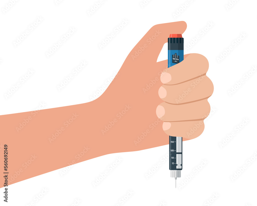 Diabetic patient hand hold insulin injection pen. Hormone ampoule