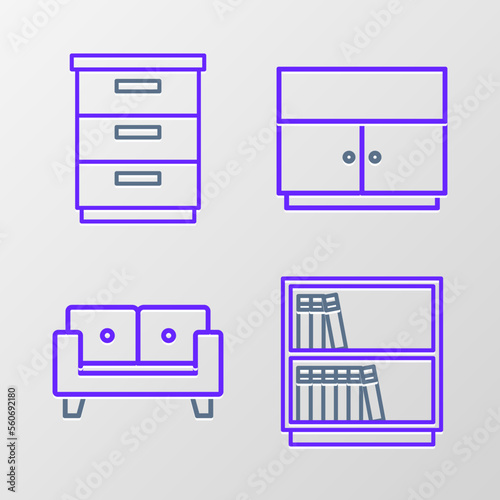 Set line Library bookshelf, Sofa, Wardrobe and Furniture nightstand icon. Vector