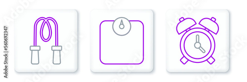 Set line Alarm clock, Jump rope and Bathroom scales icon. Vector