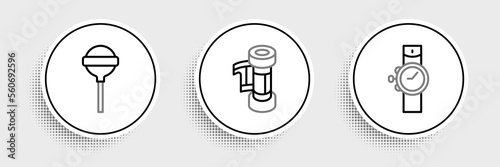Set line Wrist watch, Lollipop and Camera roll cartridge icon. Vector