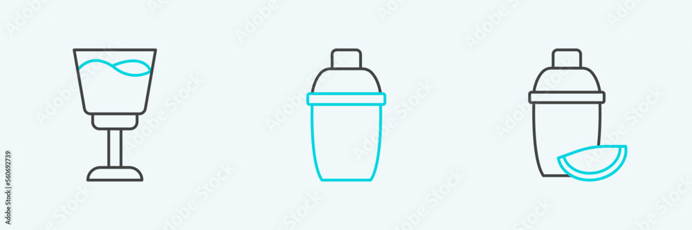 Set line Cocktail shaker with lime, Wine glass and icon. Vector Set line Cocktail shaker with lime, Wine glass and icon. Vector