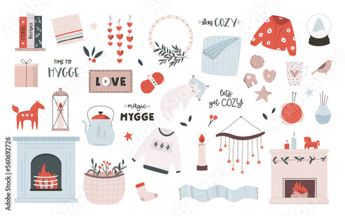 Big set of Hygge icons in a flat style. Cute design elements - sweater, fireplace, candle, pillow, cookies, cat.