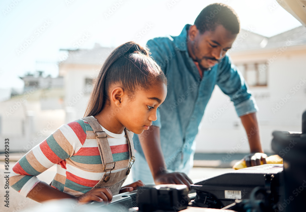 Black man, car problem and teaching child mechanic repair to fix family vehicle outdoor in neighborhood. Dad and daughter or girl learning, bonding and working on engine after accident or road trip - obrazy, fototapety, plakaty 