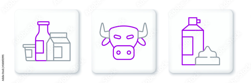 Set line Whipped cream in bottle, Milk product and Cow head icon. Vector Set line Whipped cream in bottle, Milk product and Cow head icon. Vector