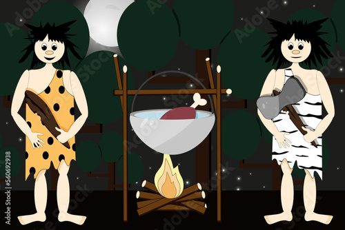 Two primitive people dressed in leopard and zebra skins stand near a cauldron with a mammoth ham on a bonfire in a night forest against the background of African trees, the starry sky and the moon.