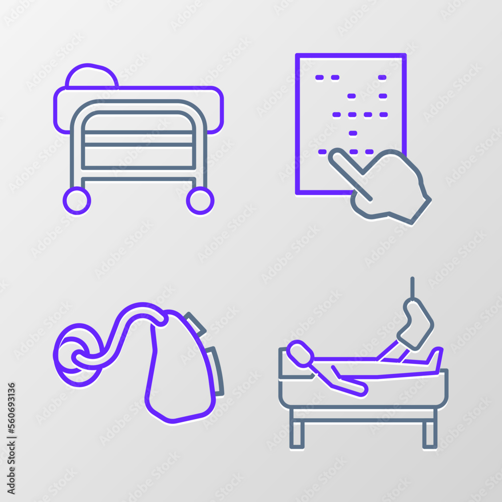 Fototapeta premium Set line Patient with broken leg, Hearing aid, Braille and Stretcher icon. Vector