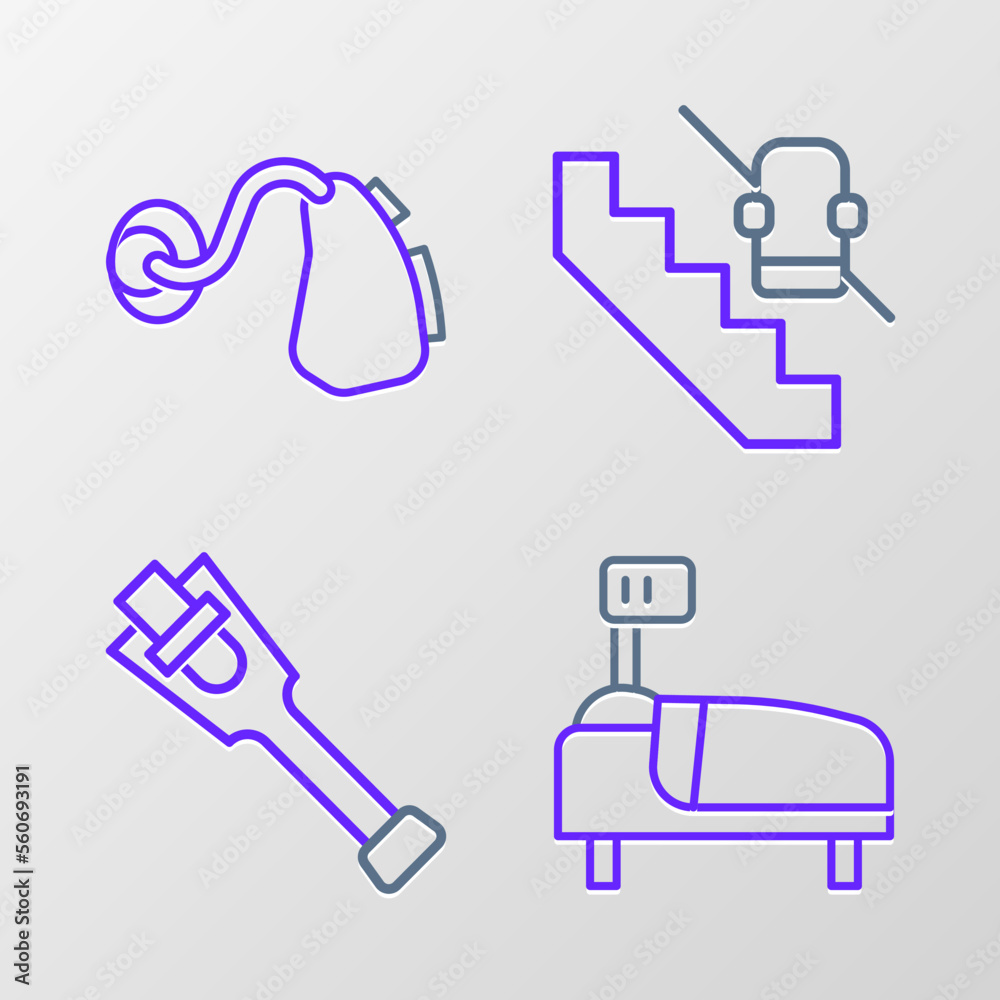 Set line Hospital bed, Prosthesis leg, Disabled elevator and Hearing aid icon. Vector Set line Hospital bed, Prosthesis leg, Disabled elevator and Hearing aid icon. Vector