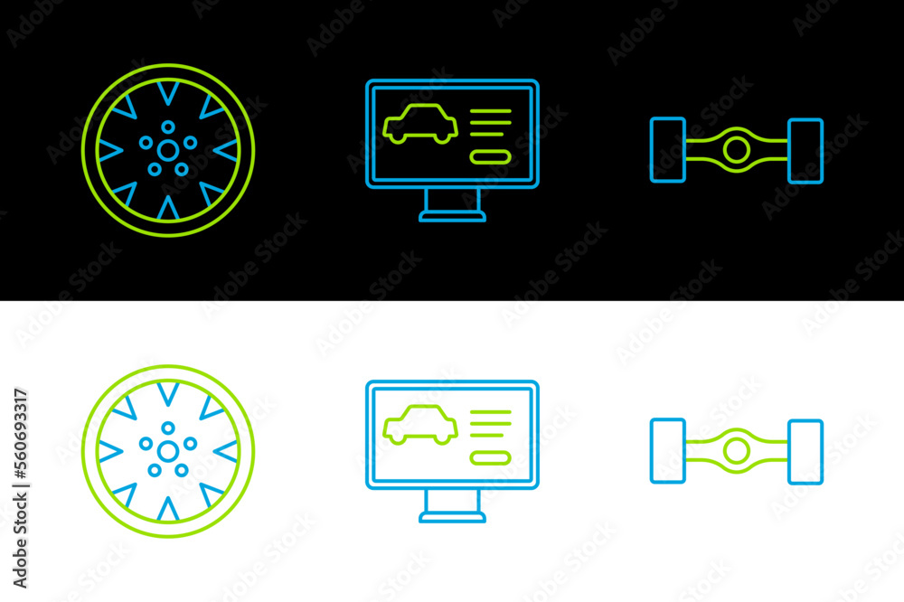 Set line Chassis car, Alloy wheel and Diagnostics condition of icon. Vector Set line Chassis car, Alloy wheel and Diagnostics condition of icon. Vector