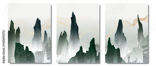 Set of Luxurious landscapes, hazy background with watercolor brush and golden line texture. Mountains and golden line art vector background. Abstract wallpaper design for print, wall art 