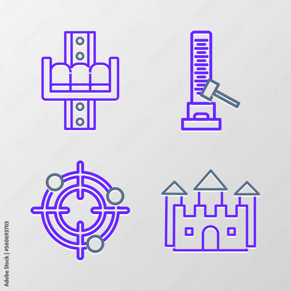 Set line Castle, Target sport for shooting competition, High striker attraction with big hammer and Attraction carousel icon. Vector