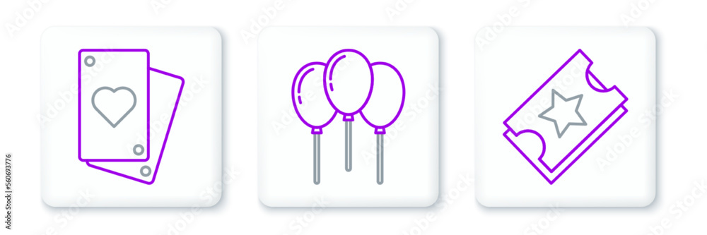 Set line Ticket, Playing card and Balloons with ribbon icon. Vector Set line Ticket, Playing card and Balloons with ribbon icon. Vector