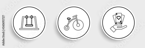 Set line Hand holding playing cards, Swing and Vintage bicycle with one big wheel one small icon. Vector