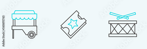 Set line Drum with drum sticks, Fast street food cart awning and Ticket icon. Vector