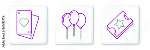 Set line Ticket, Playing card and Balloons with ribbon icon. Vector