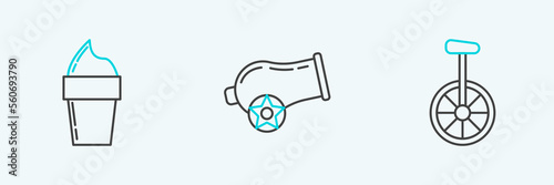 Set line Unicycle or one wheel bicycle, Ice cream in waffle cone and Cannon icon. Vector