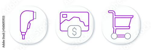 Set line Shopping cart, Scanner scanning bar code and Credit card icon. Vector