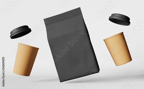 Black pouch bag coffee cups with lids levitating 3D rendering. Coffee shop discount demonstration showcase Floating hot beverages sale. Cafe branding promo design Flying blank packaging label template