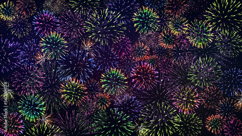 Colorful fireworks on the black sky background.