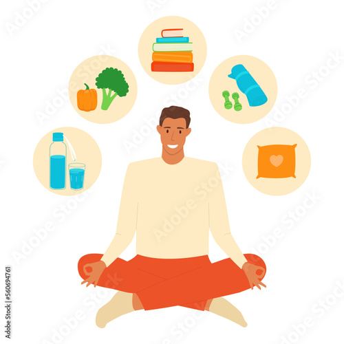 Vector combination of healthy habits for wellbeing. A calm smiling man sitting in the lotus position. Various daily rituals for a happy lifestyle and inner peace.