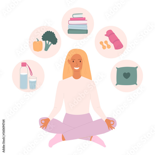 Vector combination of healthy habits for wellbeing. A calm smiling woman sitting in the lotus position. Various daily rituals for a happy lifestyle and inner peace.