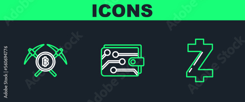 Set line Cryptocurrency coin Zcash ZEC, Crossed pickaxe and wallet icon. Vector