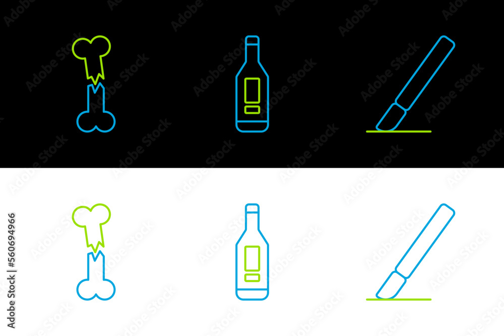 Set line Surgery scalpel, Human broken bone and Digital thermometer icon. Vector Set line Surgery scalpel, Human broken bone and Digital thermometer icon. Vector