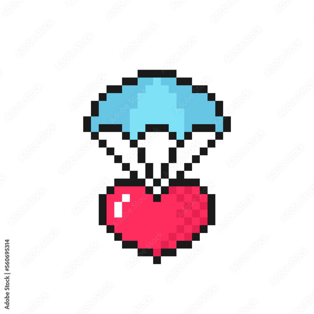 Heart parachute icon in pixel art design. Love symbol for Valentine's Day or birthday. Isolated on white background vector sign. Heart parachute icon in pixel art design. Love symbol for Valentine's Day or birthday. Isolated on white background vector sign.