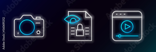 Set line Live stream, Photo camera and Journalistic investigation icon. Glowing neon. Vector