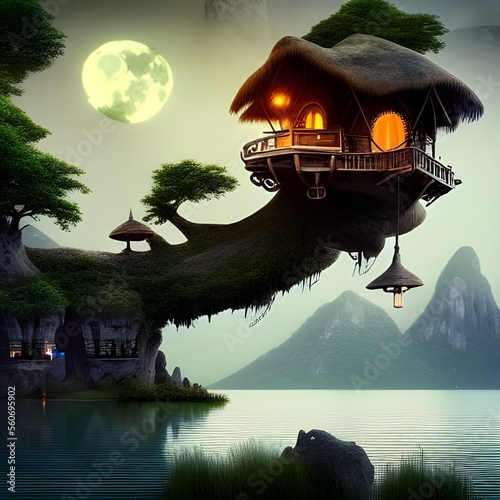 Casa en árbol iluminada por la luna generado por inteligencia artificial photo