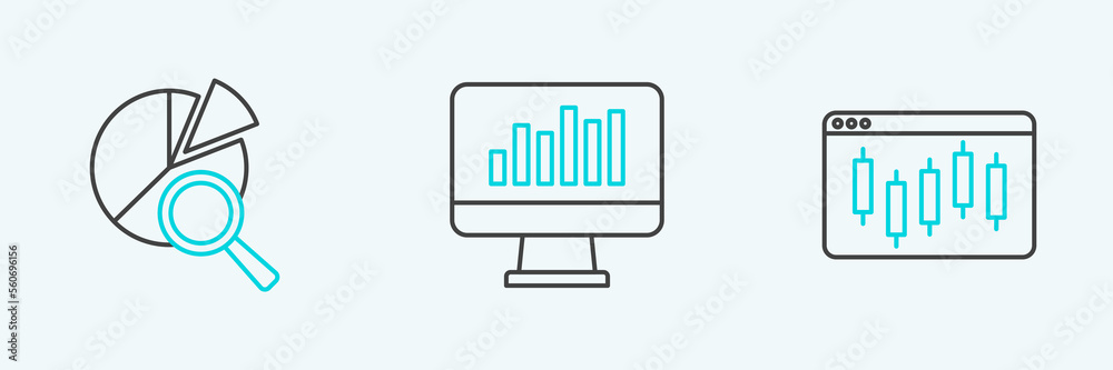Set line Browser with stocks market, Search data analysis and Monitor graph chart icon. Vector Set line Browser with stocks market, Search data analysis and Monitor graph chart icon. Vector