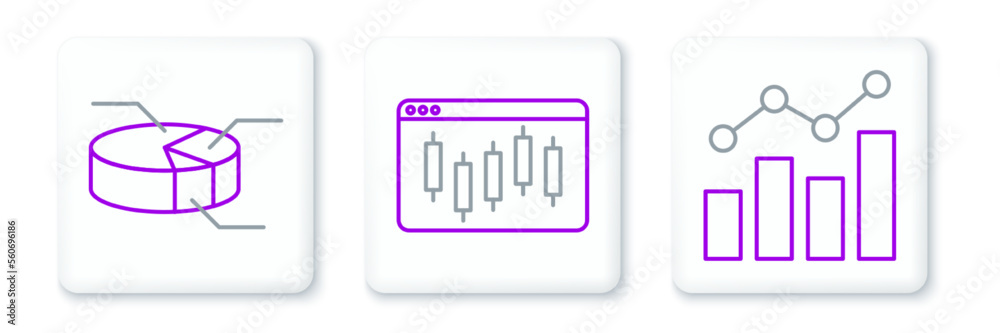 Set line Financial growth, Pie chart infographic and Browser with stocks market icon. Vector