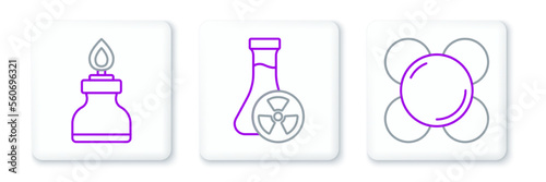 Set line Molecule, Alcohol or spirit burner and Test tube with toxic liquid icon. Vector