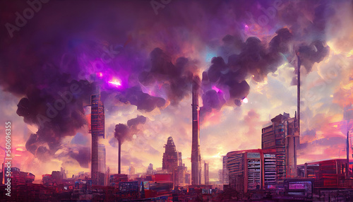 3D art  Dystopic cyberpunk city with smoke and purple sky