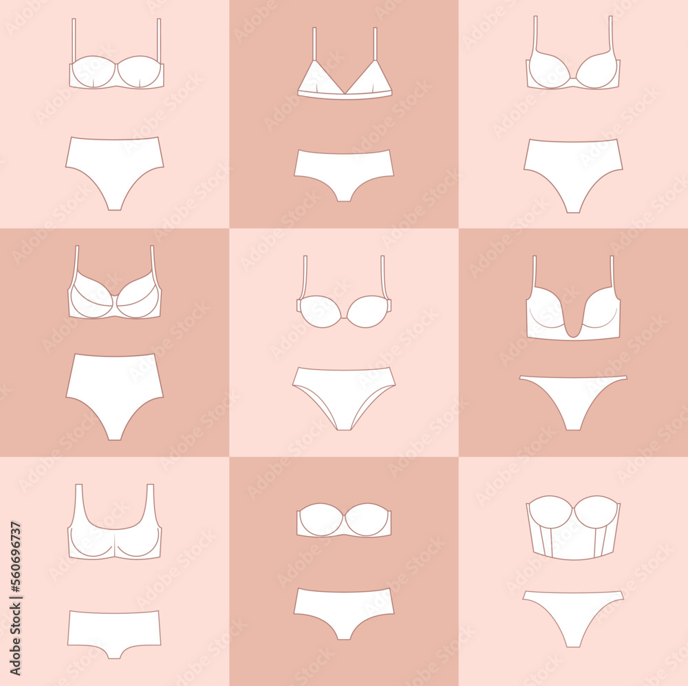 Types of women's panties  and bras. Underwear set. Vector illustration