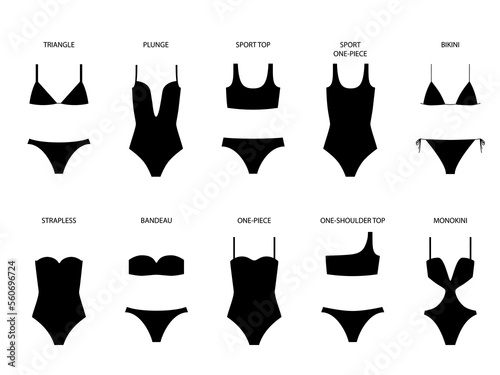 Types of women's swimwear - one-piece and separate. Vector illustration isolated on white background