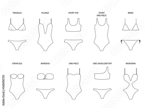 Types of women's swimwear - one-piece and separate. Vector illustration isolated on white background