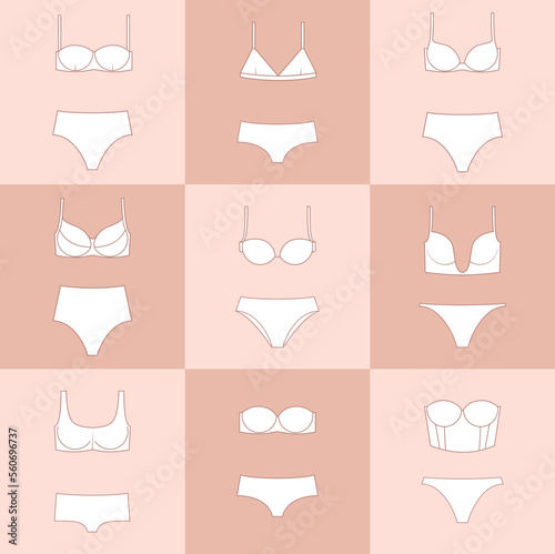 Types of women's panties and bras. Underwear set. Vector illustration