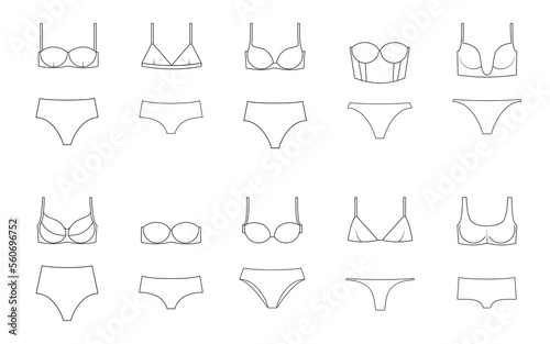 Types of women s panties  and bras. Underwear set. Vector illustration