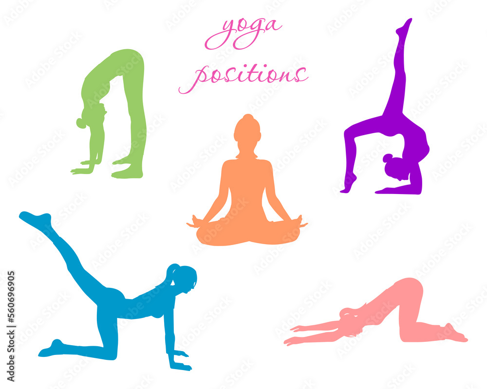 Five different yoga pilates positions set on white background. Colorful women silhouette
