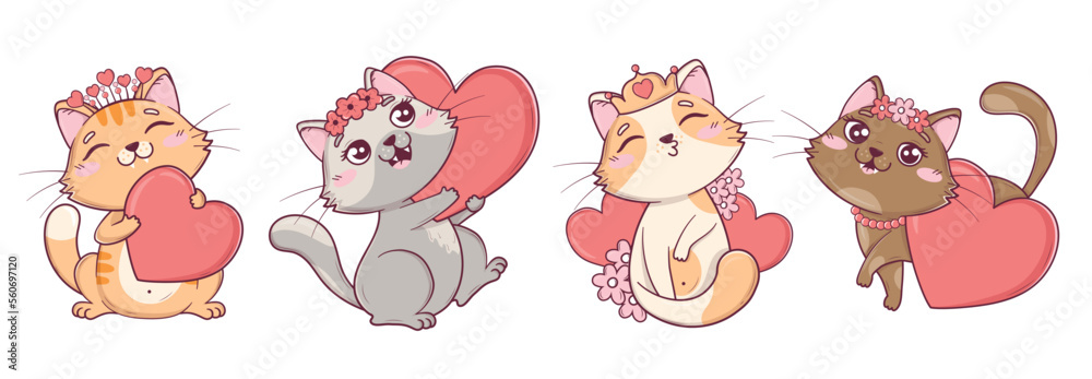 Obraz premium Collection of kawaii cute valentine cats in different poses with hearts and flowers