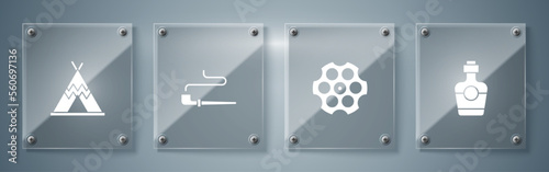Set Tequila bottle, Revolver cylinder, Smoking pipe and Indian teepee or wigwam. Square glass panels. Vector