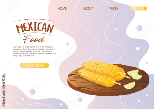 Website landing page template with mexican dish elotes street roasted corn on a wooden tray. Fast food restaurant and street food snacks, meat tortillas, takeaway food delivery