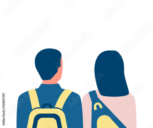 People students with backpack, couple back view. Young friends with school bag, learner, adolescent. Choice future way. Vector illustration