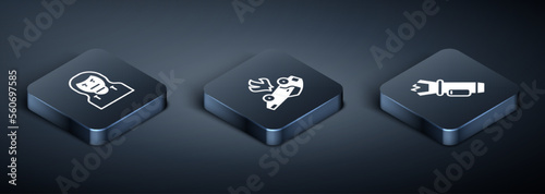 Set Isometric Thief mask, Police electric shocker and Burning car icon. Vector