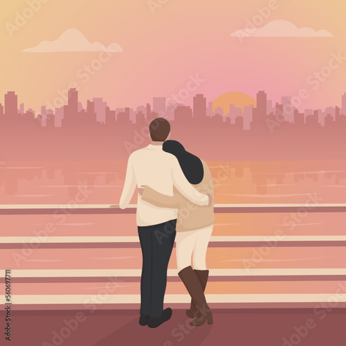 Couple having romantic date back view vector flat illustration. Man and woman hugging standing on waterfront admiring city at sunset. Boyfriend and girlfriend relaxing together on embankment