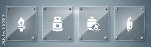 Set Gasoline pump nozzle, Propane gas tank, and Oil rig with fire. Square glass panels. Vector