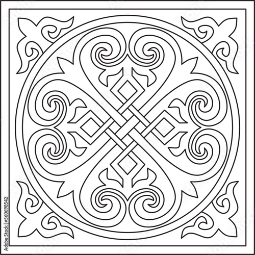 Vector monochrome linear square Byzantine ornament, knot, rosette. Circle Greek pattern, Drawing of the Eastern Roman Empire. Decoration of the Russian Orthodox Church..